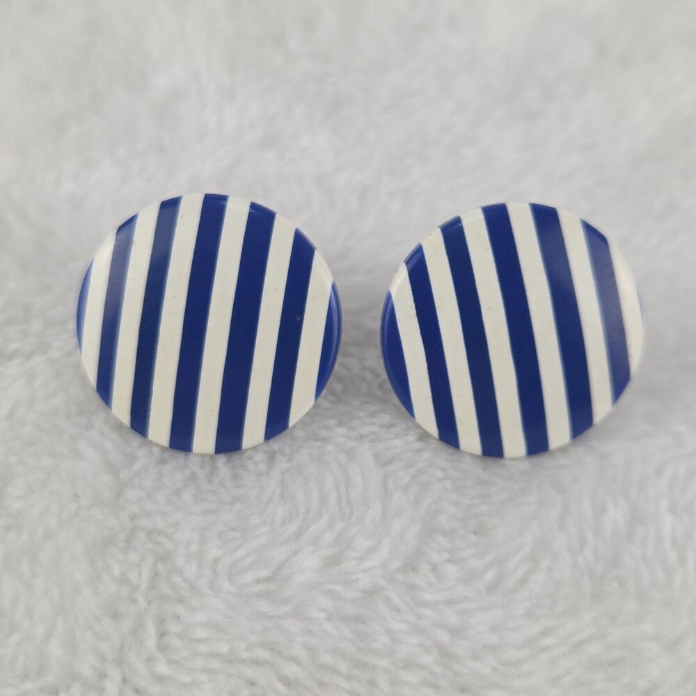 Vintage Blue White Striped Round Disc Stud Earrings 7/8" Nautical